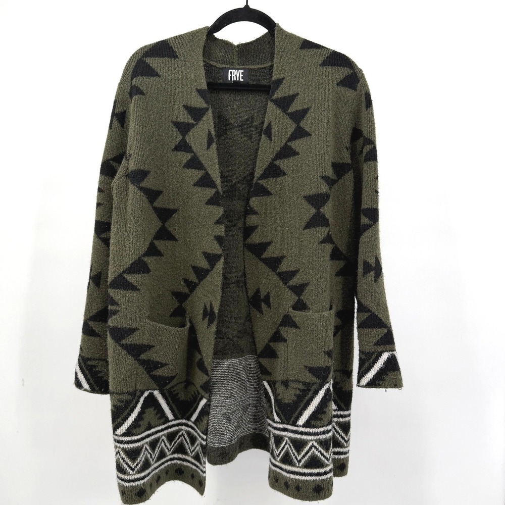 Frye Womens L Sweater Green Cardigan Southwestern Geometric Open Front Longline